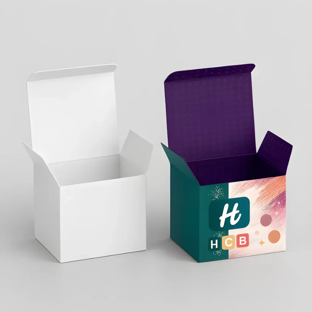 Custom eyeshadow box packaging mockup with plain white version and printed version featuring teal and gold floral design with HCB branding.