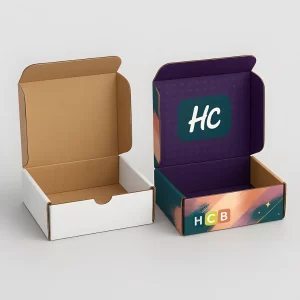 Cardboard mailer packaging mockup with plain kraft version and printed version showing teal interior, floral design, and HCB branding.