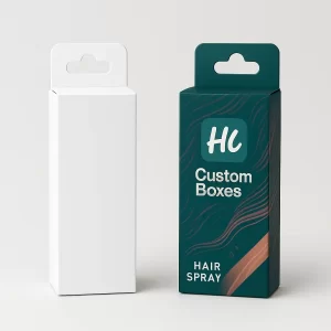 Custom hanging tab packaging box design for hair spray- One plain white box and one printed box in teal with wave graphics and Hi Custom Boxes branding