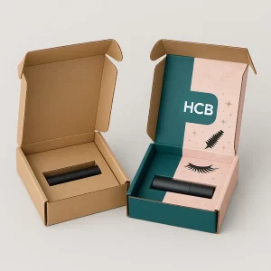 Custom mascara mailer boxes- one plain kraft and one printed with eyelash and mascara wand design- holding a mascara tube inside