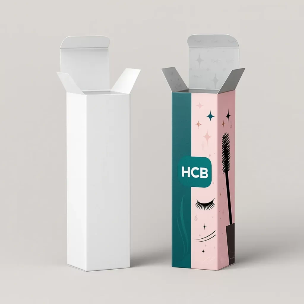 Custom mascara packaging boxes- one plain white and one designed with eyelash and mascara wand illustration in pink and teal colors