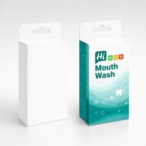 Two rectangular mouthwash boxes with hang tabs- showing a plain white and a branded teal design