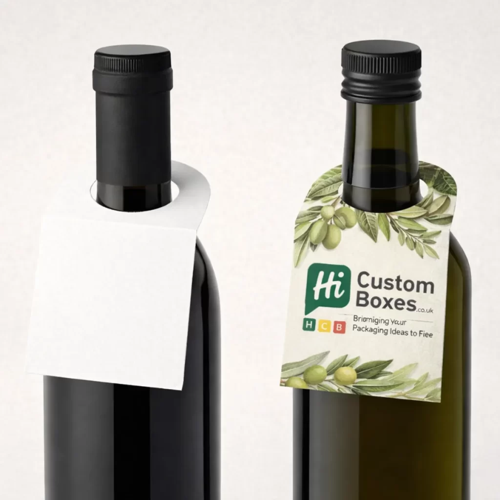 Two glass bottles with silver caps displaying white and promotional pyramid-style card neck tags for New York.