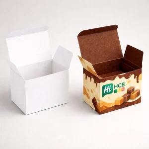 Bespoke fudge boxes featuring custom printed brand logos and vibrant patterns for a professional look.
