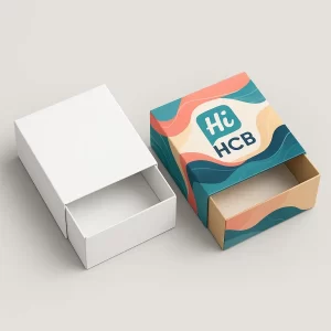 Custom drawer slider boxes for swimwear- featuring a bright abstract wave pattern and pull-out tray