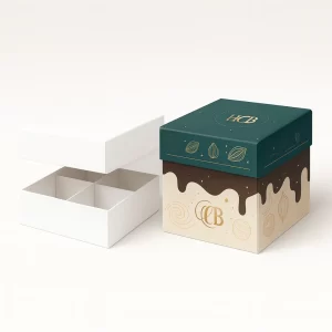 Custom two-piece lid-and-base boxes with four sections, featuring gold foil and drip graphics.