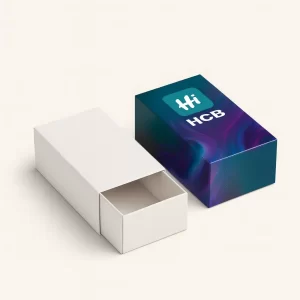 Custom printed sliding drawer e-liquid packaging box (or matchbox style) with a colorful branded sleeve and a white inner tray, perfect for premium vape products.