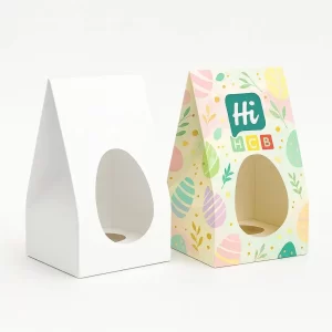Custom Easter egg boxes, gable style, with oval-shaped window and pastel print.
