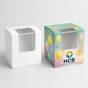 Easter egg packaging boxes, square cube style with large window and spring graphics.