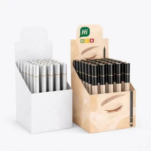 Sturdy cardboard counter-top display boxes designed to showcase multiple eyebrow pencils in an organised retail layout.