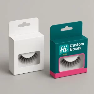 Custom eyelash packaging boxes with clear window and hang tab shown in plain and printed designs