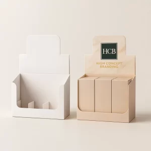 Counter display box for foundation with branded backboard and three product slots alongside a plain white version