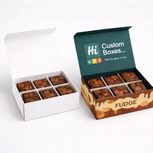 Square fudge boxes featuring internal cardboard dividers to keep different confectionary flavours separate and organised.