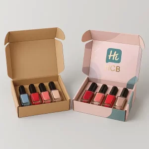 Custom nail polish set packaging with hang tab and window shown in plain and printed retail