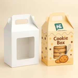 White gable gift boxes with clear windows showcasing chocolate chip cookies for retail branding.