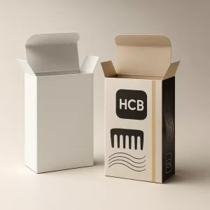 Custom hair comb folding cartons- showing a plain white box and a unique wood-grain effect box with a large comb graphic and -HCB- logo- demonstrating versatile packaging options for hair accessories