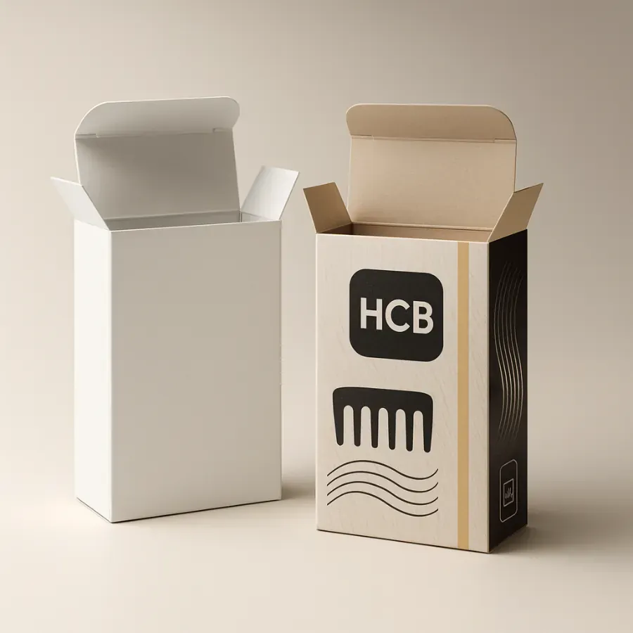 Custom hair comb folding cartons- showing a plain white box and a unique wood-grain effect box with a large comb graphic and -HCB- logo- demonstrating versatile packaging options for hair accessories