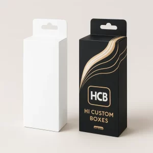 Premium custom hair comb packaging boxes- including a plain white carton and a branded black box with gold wavy foil accents and a retail display hanger tab- ideal for point-of-sale display