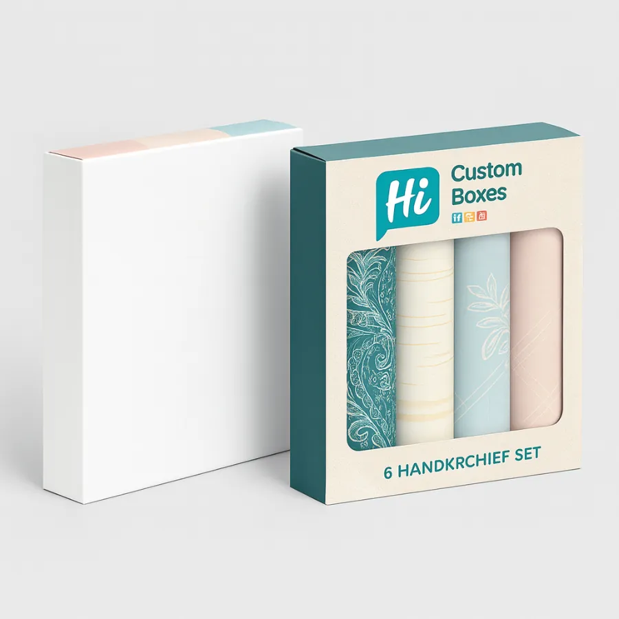 Two small, square rigid lift-off lid boxes for handkerchiefs, one branded, one plain white.
