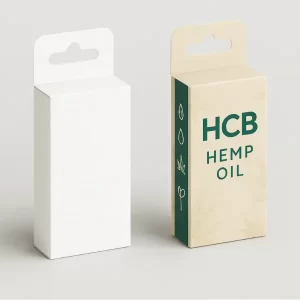 Hanging tab boxes for retail display, one plain white and the other custom printed with beige kraft texture, green side panels, hemp icons, and "HCB Hemp Oil" branding.