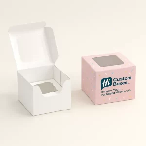 Square cupcake boxes with windows - one plain white- one pink with sprinkles and Hi Custom Boxes logo