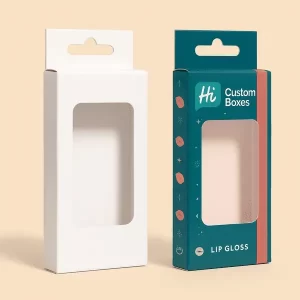 Custom and plain lip gloss boxes with clear window and hang tab ideal for retail cosmetic display
