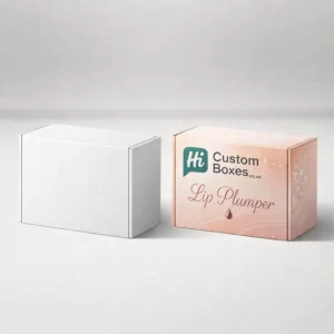 A side-by-side view of a blank white box and a custom pink lip plumper box.