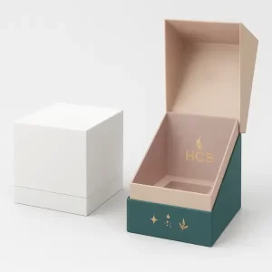 Plain white rigid box beside an open printed gift box holding four cylindrical containers with pink labels and teal floral packaging design featuring -HCB