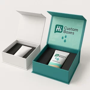 Luxury white and teal hinged rigid boxes, open and containing a tube of cleanser with foam inserts.