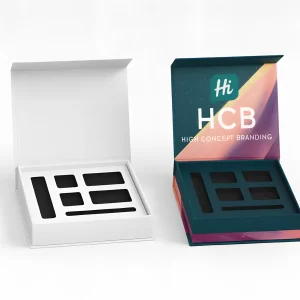 Luxury packaging box mockup, plain white version and printed version with teal and pink floral artwork, showcasing jars inside compartments.
