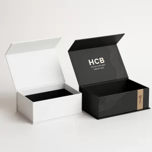 Luxury hair comb boxes featuring a magnetic closure rigid structure- showing a high-end white box and a sophisticated black box with gold wavy accents- perfect for gift or specialty comb sets