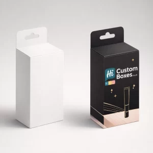 Two vertical rectangular boxes with hanging tabs, one plain white and one black with branded graphics.