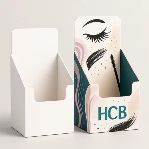 ustom mascara counter display boxes- one blank white and one decorated with bold eyelash graphics in teal- black- and pink- designed for retail presentation