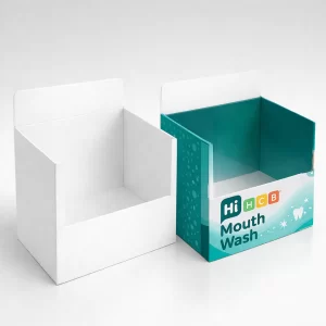 Two cardboard counter display units- one minimalist white and the other with vibrant teal mouthwash branding