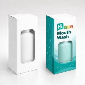 Cardboard mouthwash boxes with a die-cut window displaying a bottle inside- in plain and branded versions