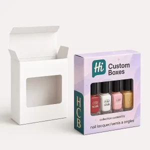 nail polish packaging boxes with window shown in blank and printed designs for polish sets