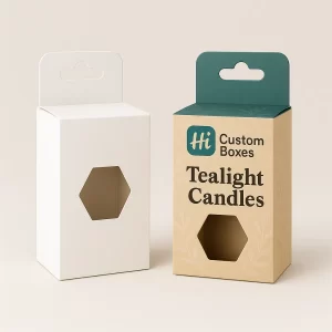 Two hang-tab boxes, one white and one printed, with a hexagonal cutout window.