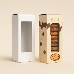 Tall vertical cardboard cookie boxes with clear viewing windows and custom chocolate drip branding.