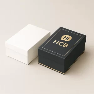 Luxury two-piece boxes for belts, with black textured paper and gold accents.