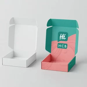 Shampoo mailer boxes in white and custom printed design- opened to show interior branding with HCB logo
