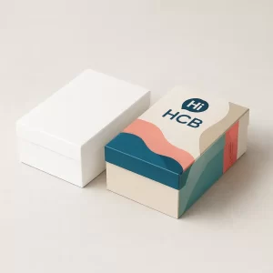 Custom two-piece boxes for swimwear wholesale- showing a clean white base and a branded lid with abstract waves