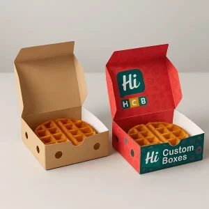 Red and teal waffle box with Hi Custom Boxes logo open to reveal a golden round waffle inside