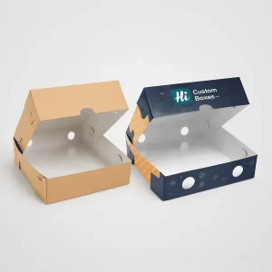 Blue Hi Custom Boxes waffle box with open lid and circular vents shown empty next to plain version