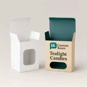 Tall white box and a decorated box with a rectangular cutout for viewing tealight candles.
