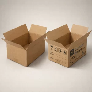 Open brown corrugated cardboard loaf boxes with printed handling icons and bakery branding for wholesale use.