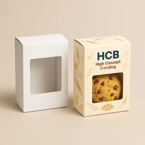 Rectangular custom cardboard boxes with window displays for showcasing freshly baked chocolate chip cookies.