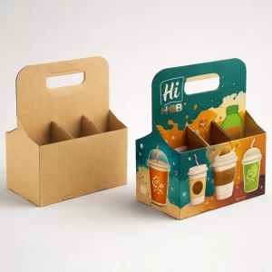 Two large white six-pack beverage carriers, one plain and one featuring custom green product branding.