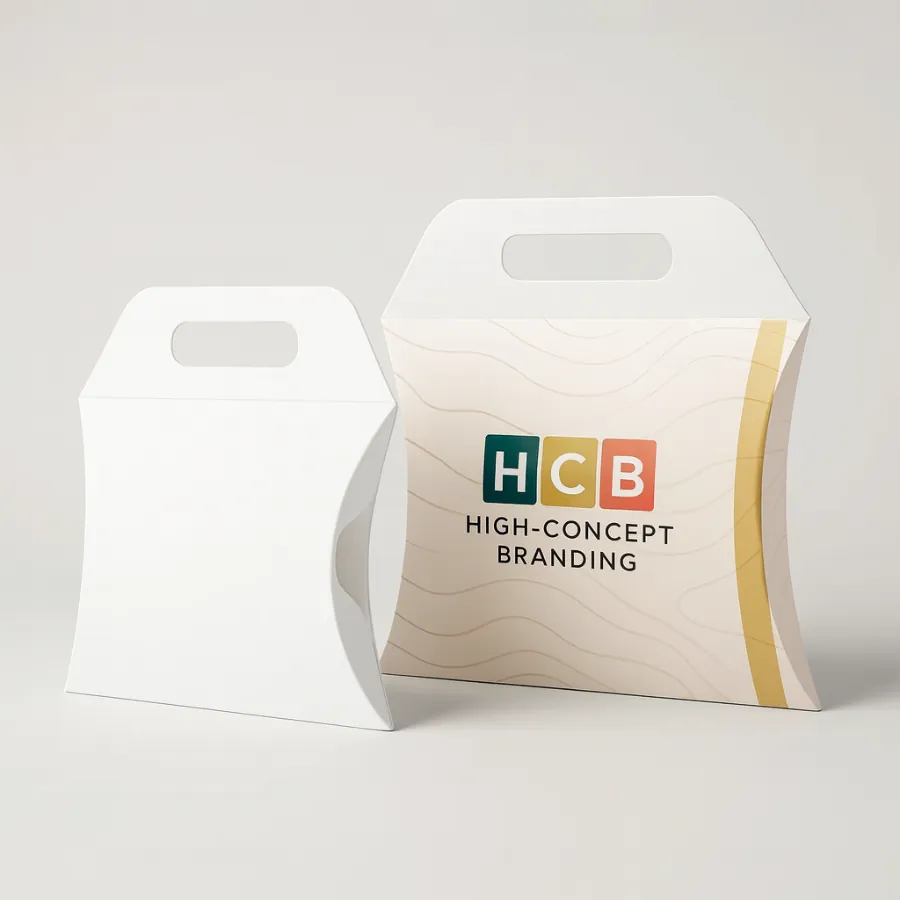 Two pillow-shaped apparel boxes- one plain white and one printed with the HCB logo