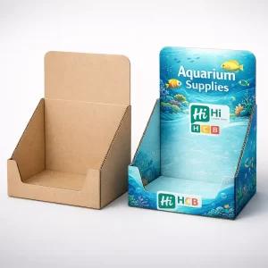 Two cardboard counter display units, one plain brown and one printed with colorful aquarium supplies branding and fish.