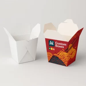 Open bespoke Chinese food boxes displaying a plain white interior and a red branded exterior design